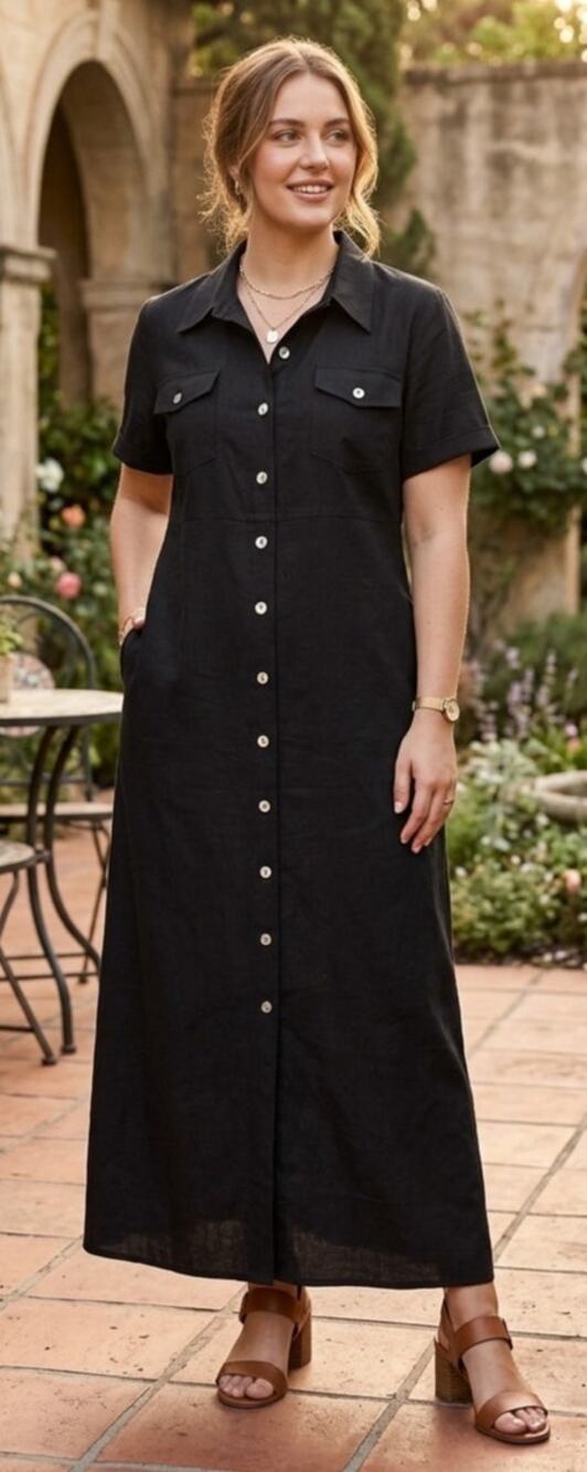 Vintage 90's Carolina Colours Black Linen Blend Front Button Maxi Dress